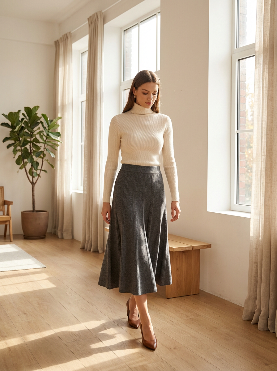 Scandinavian Luxury™ High-Waist Wool-Knit A-Line Skirt